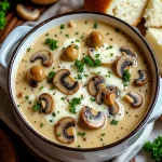 Close-up of a creamy Cottage Cheese Mushroom Soup in a rustic bowl, garnished with fresh parsley.