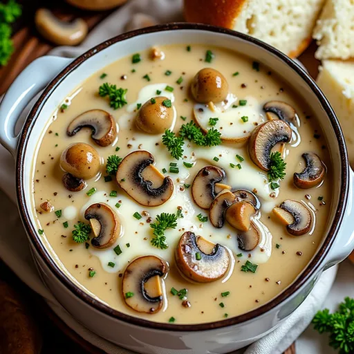 A Whimsical Bowl of Cottage Cheese Mushroom Soup: Your New Go-To Comfort Food Close-up of a creamy Cottage Cheese Mushroom Soup in a rustic bowl, garnished with fresh parsley.