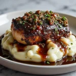 A close-up of glazed garlic herb chicken breast served over creamy mashed potatoes, garnished with herbs.