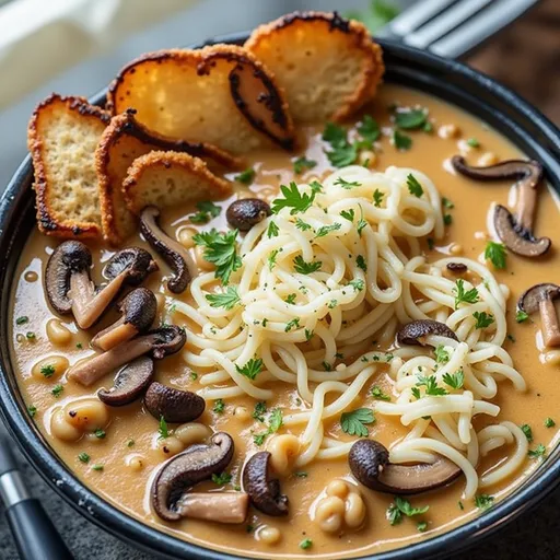 A Cozy Bowl of Creamy Mushroom Soup That Whispers Comfort A creamy mushroom soup in a bowl, garnished with parsley, with soft shadows and warm lighting.