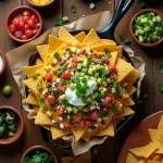 A close-up view of Loaded Nachos Supreme topped with cheese, jalapeños, and fresh ingredients.