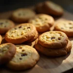 Close-up of a delicious cookie on a wooden surface, with natural lighting highlighting its texture.