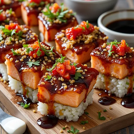 The Cozy Spicy Salmon Sushi Bake That’ll Have You Dreaming of Coastal Nights Close-up of a Spicy Salmon Sushi Bake topped with avocado and green onions, captured in warm natural light.