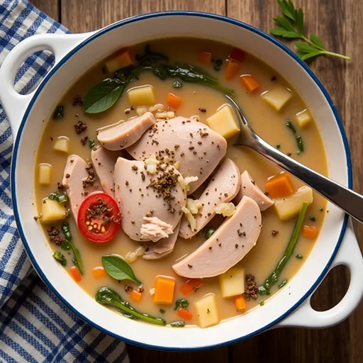 Close-up of creamy Tuscan chicken soup in a rustic bowl, garnished with fresh basil.