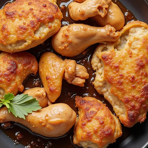 The Chicken Adobo Recipe That Feels Like Home Close-up of a savory Chicken Adobo dish, showcasing chicken thighs in a rich sauce with garlic and herbs.