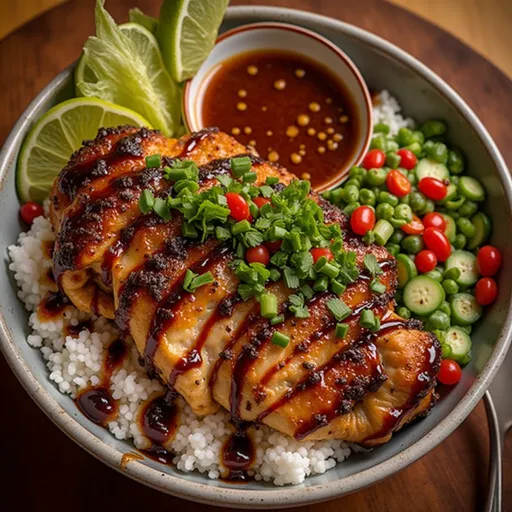 A Sweet and Spicy Chicken Bowl That Dances on Your Taste Buds Close-up shot of a Hot Honey Chicken Bowl with diced chicken, rice, and colorful mixed vegetables.