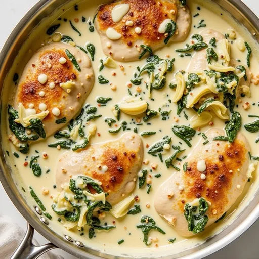 A Whirlwind of Flavor: Quick and Cozy Spinach Artichoke Chicken Close-up of creamy spinach artichoke chicken topped with melted cheeses.