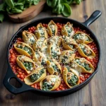 Close-up of spinach and ricotta stuffed pasta shells topped with marinara sauce and fresh basil.