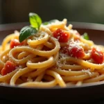 Close-up of creamy tomato garlic pasta with a rich sauce and fresh basil on top.