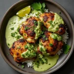 Close-up image of a golden-brown Peruvian chicken thigh, garnished with fresh cilantro, showcasing its juicy texture.