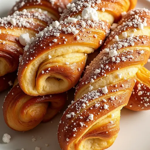 Close-up of golden-brown Crescent Roll Cinnamon Twists with sugar and cinnamon topping.