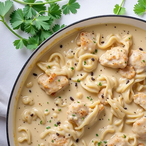 Close-up shot of creamy chicken garlic parmesan pasta garnished with fresh parsley.