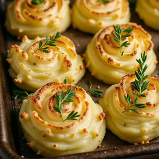 Close-up of golden-brown Duchess Potatoes arranged elegantly on a plate.