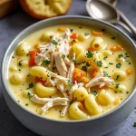Close-up of a creamy chicken macaroni cheese soup in a rustic bowl, garnished with fresh parsley.