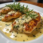 Close-up of creamy Dijon butter chicken with rosemary, presented on a rustic plate.