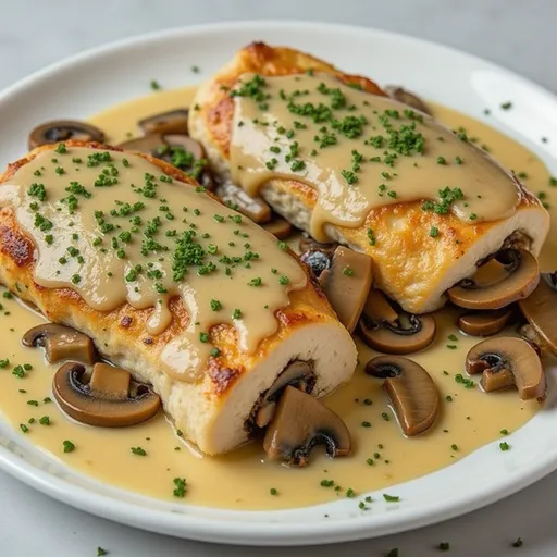 The Cozy Stuffed Chicken Breast Recipe That Brings Comfort to Any Table Close-up of stuffed chicken breast filled with mushrooms and spinach, garnished with parsley.