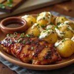 A close-up of Honey BBQ Chicken served with Creamy Garlic Parmesan Potatoes on a plate.