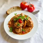 Close-up of a colorful Chakhokhbili with chicken, tomatoes, and peppers, beautifully arranged in a bowl.