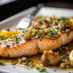 Close-up of a Honey Garlic Roasted Salmon fillet with shiny glaze and garnished with parsley.