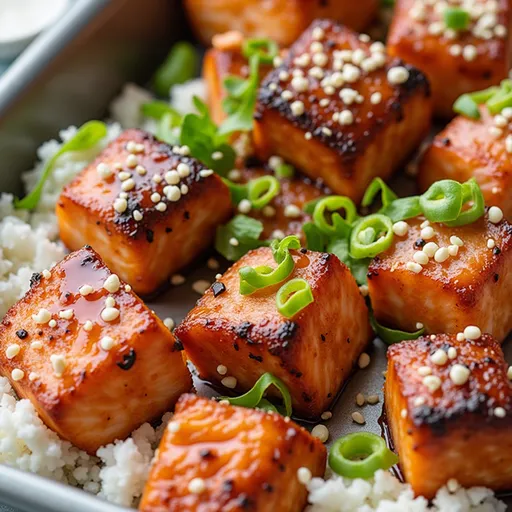 Close-up of golden-brown Garlic Honey Salmon Bites garnished with parsley.