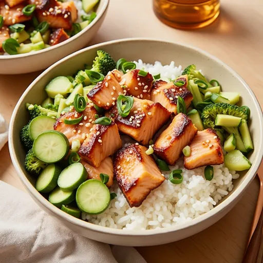 Close-up of honey glazed salmon served in a bowl with rice, broccoli, and avocado.