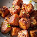 Close-up of golden brown air fryer salmon bites garnished with parsley.