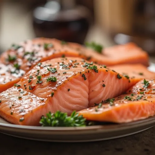Close-up of grilled salmon fillet glazed with honey garlic sauce, garnished with herbs.