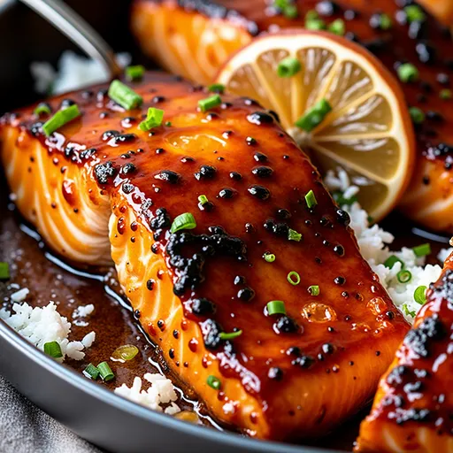 Close-up of crispy honey garlic glazed salmon fillets topped with sesame seeds and green onions.