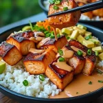 A close-up shot of a Sriracha Honey Salmon Bowl featuring salmon fillets glazed with sauce, served over rice with broccoli and avocado.