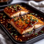 Close-up of crispy honey garlic glazed salmon fillet garnished with sesame seeds and green onions.