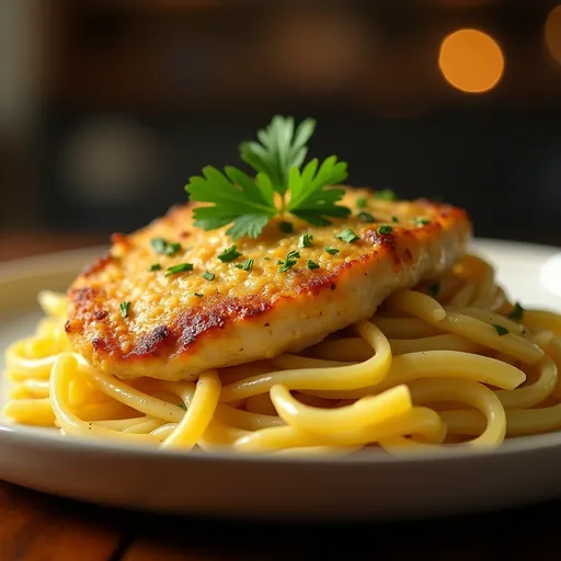 Close-up of creamy parmesan chicken served with penne pasta in a bowl.