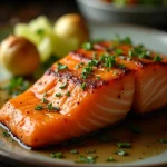 Close-up of baked honey garlic salmon fillet garnished with green onions.