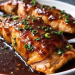 Close-up of honey garlic salmon fillet with a shiny glaze, garnished with green onions.