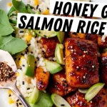 Close-up of a Honey Garlic Salmon Rice Bowl with salmon fillets, jasmine rice, and broccoli.