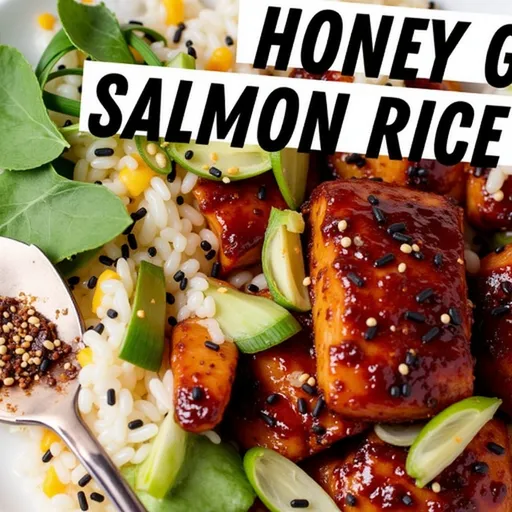 Close-up of a Honey Garlic Salmon Rice Bowl with salmon fillets, jasmine rice, and broccoli.