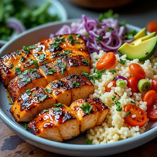 Close-up of a Spicy Honey Sriracha Salmon Bowl featuring vibrant salmon, rice, avocado, and vegetables.
