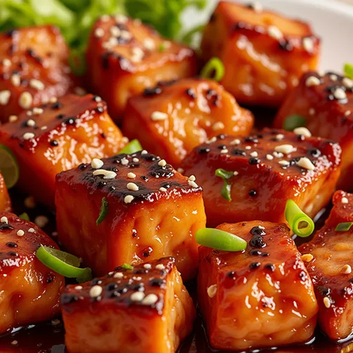 Close-up shot of glazed honey garlic salmon bites on a wooden plate with green onions and sesame seeds.