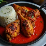 Close-up shot of a vibrant Spicy Nigerian Chicken Stew in a rustic bowl, showcasing tender chicken pieces in a rich tomato sauce.