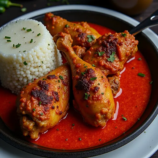 Close-up shot of a vibrant Spicy Nigerian Chicken Stew in a rustic bowl, showcasing tender chicken pieces in a rich tomato sauce.