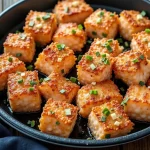 Close-up of crispy salmon bites garnished with parsley on a plate.