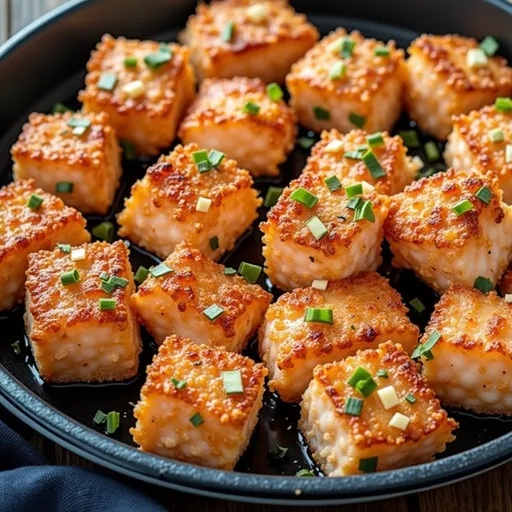Close-up of crispy salmon bites garnished with parsley on a plate.