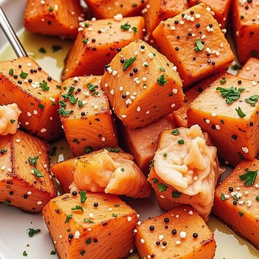 Dive Into Deliciousness: Irresistible Air Fryer Salmon Bites with Lemon Garlic Sauce Close-up of golden-brown air fryer salmon bites drizzled with lemon garlic sauce.