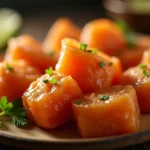 Close-up of Honey Garlic Salmon Bites garnished with green onions and sesame seeds.