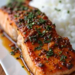 Close-up of air fryer honey garlic salmon fillets with a golden glaze.