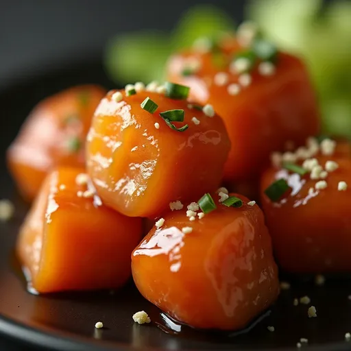 Close-up of golden Honey Garlic Salmon Bites garnished with sesame seeds and green onions.