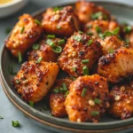 Close-up of golden Air Fryer Honey Garlic Salmon Bites garnished with sesame seeds and green onions.