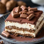 Close-up of a decadent Rich Chocolate Tiramisu with chocolate shavings and cocoa powder.