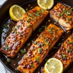 Close-up of honey garlic glazed salmon fillet on a plate, garnished with green onions.