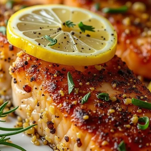Close-up of perfectly cooked Air Fryer Salmon garnished with garlic and lemon, showcasing its flaky texture.