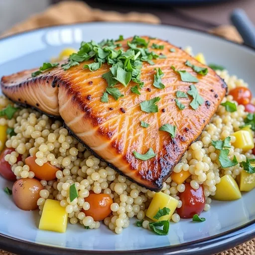 The Sweet and Savory Salmon Dish That Feels Like a Cozy Night In Close-up of honey garlic salmon served with quinoa, garnished with green onions.